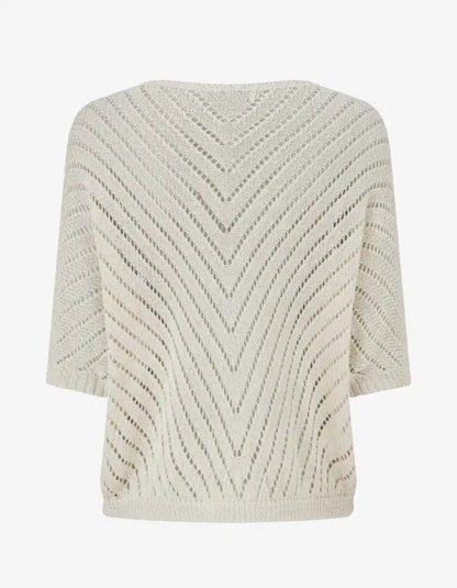 Beige V-neck knit top with a chevron openwork pattern.