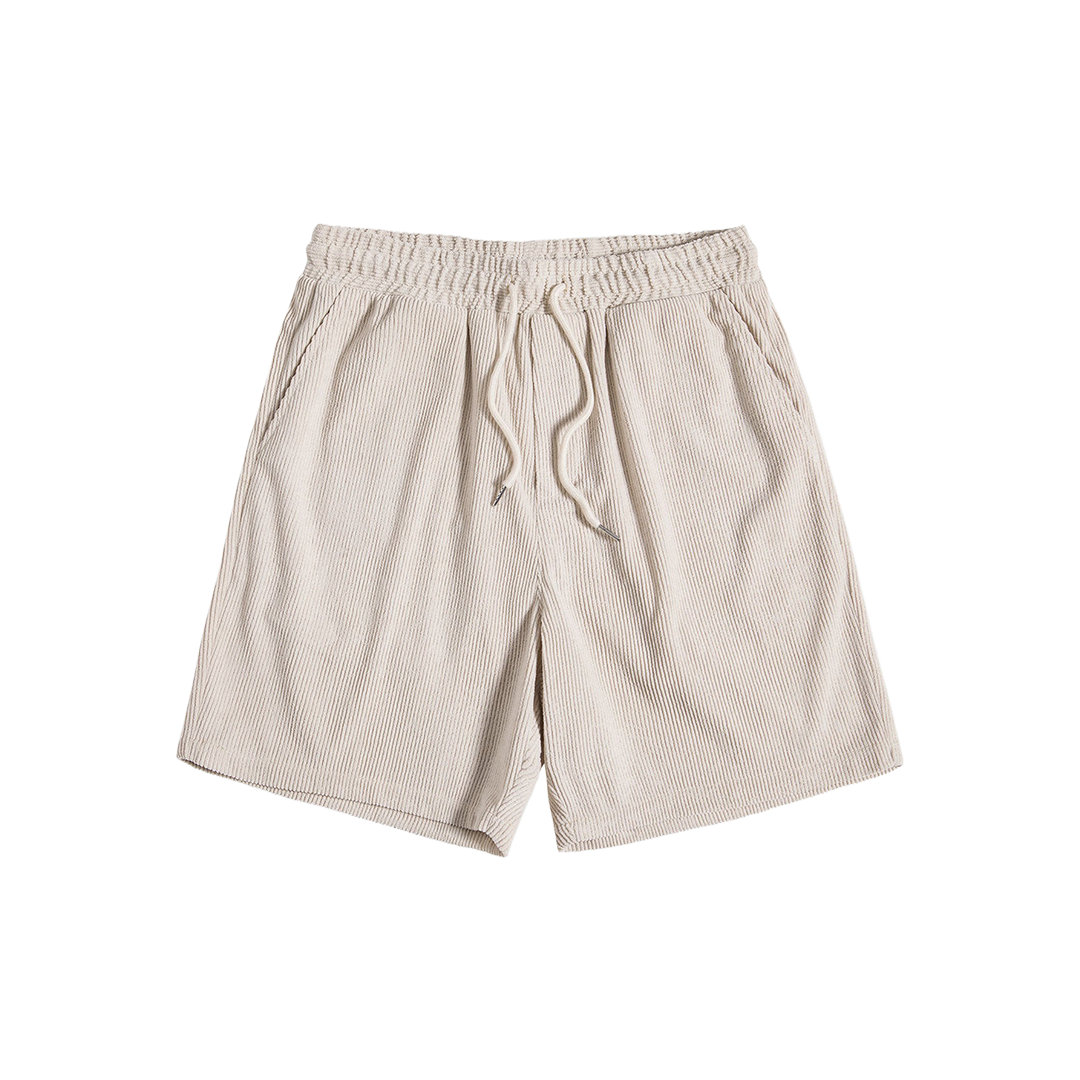 Cream drawstring shorts, front and back product views.