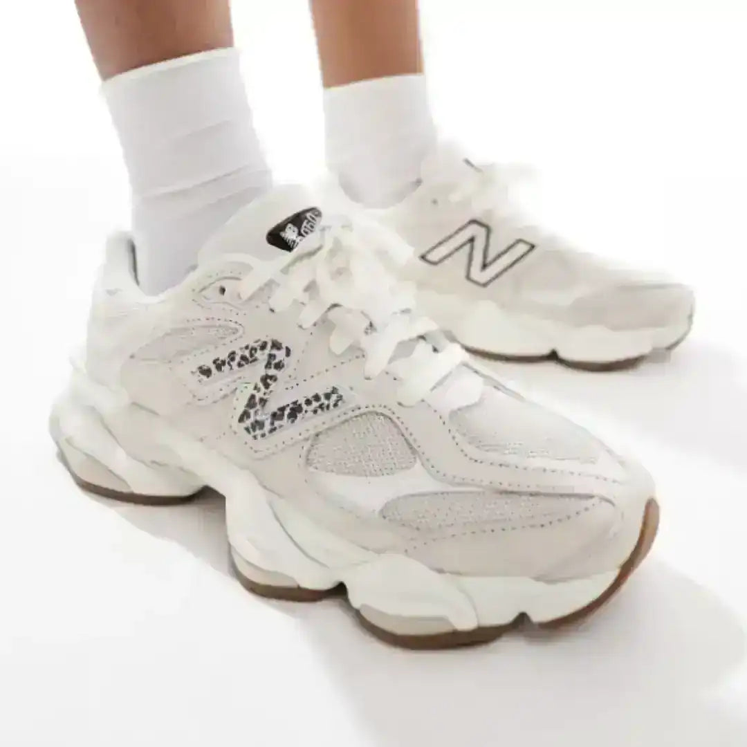 New Balance 9060 Beige Leopard Print Detail side profile sneaker