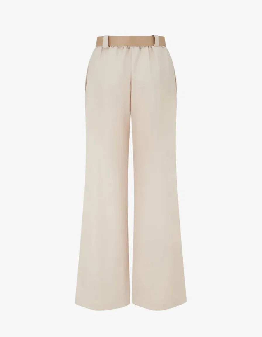Beige straight-leg pants with an elasticated waist and side seam detail.