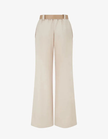 Beige straight-leg pants with an elasticated waist and side seam detail.