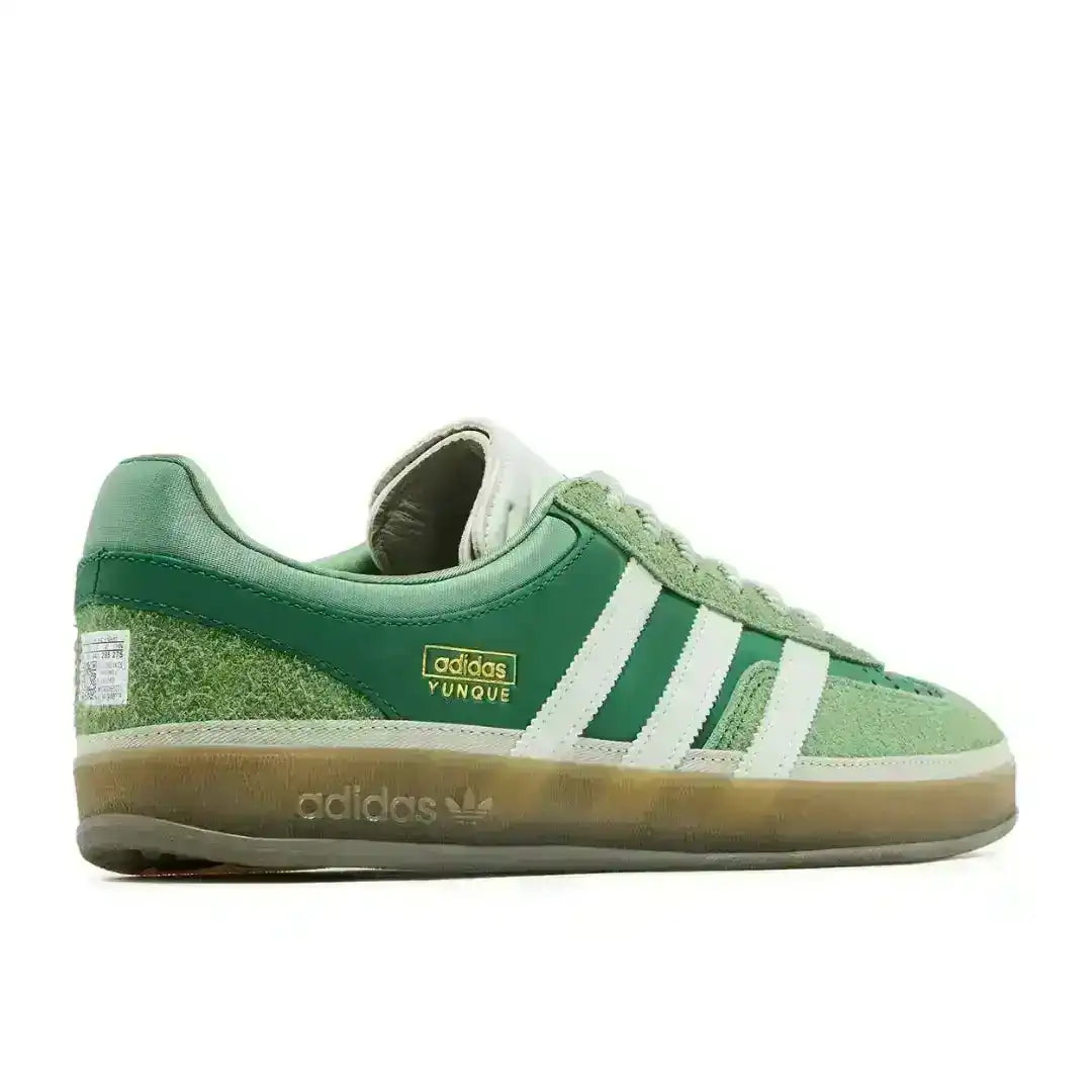 Close up of green suede and leather textures on Bad Bunny Gazelle
