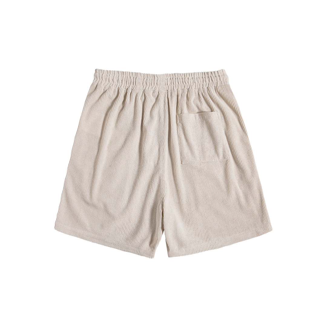 Cream drawstring shorts, front and back product views.