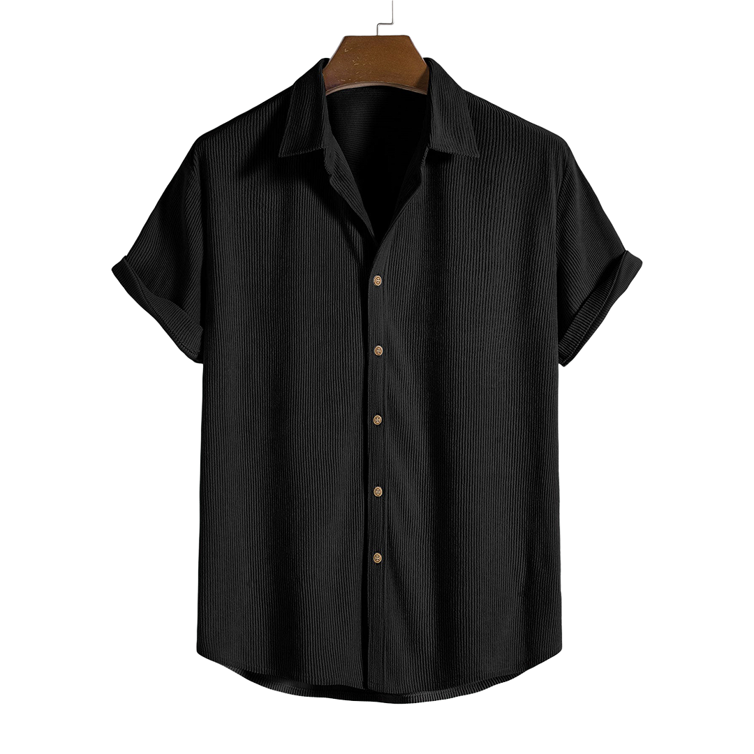 Black short-sleeve button-up shirt, front product view.