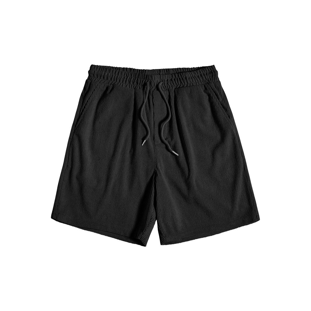 Black drawstring shorts, front product view.