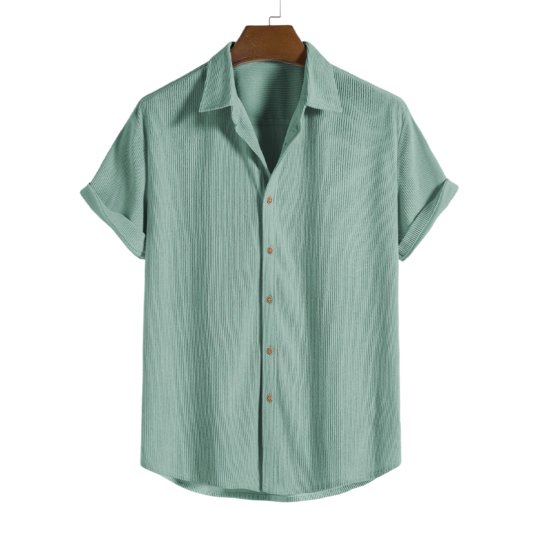 Green short-sleeve button-up shirt, front product view.