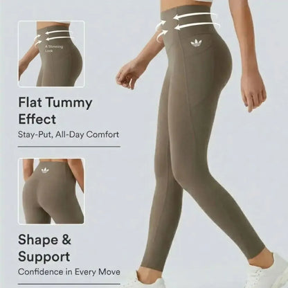 Annotated product graphic showing the waist and seam details of leggings.