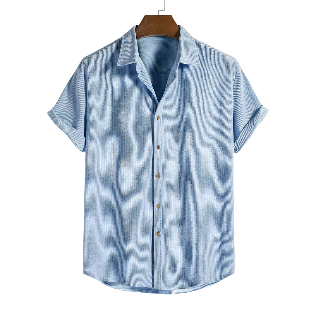 Light blue short-sleeve button-up shirt, front product view.