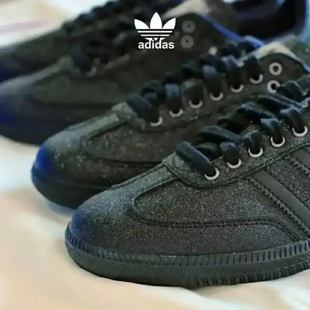 close up detail of black glitter leather texture on adidas samba shine sneaker