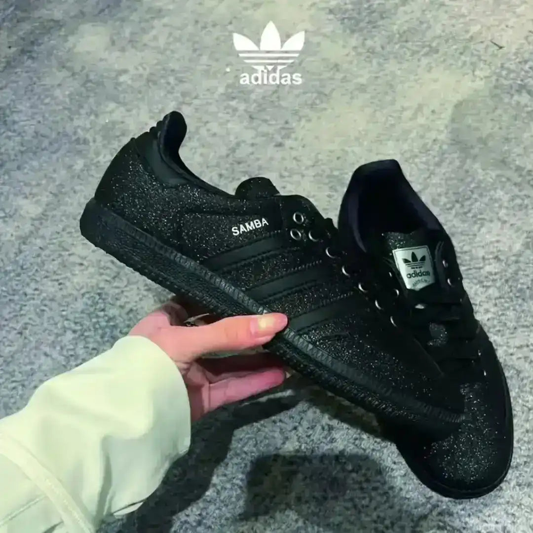 adidas samba shine triple black with glitter texture leather profile view