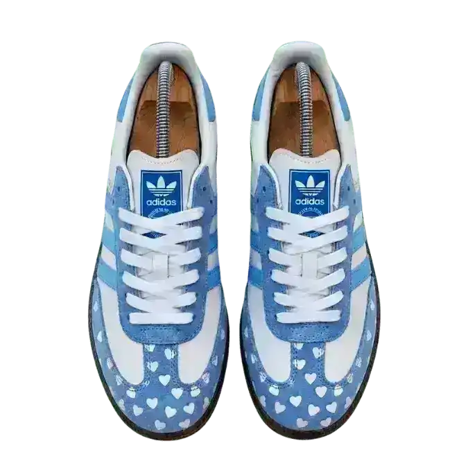 Charming Adidas Samba love heart sneakers with a special blue and white design, perfect for expressing a sweet and trendy fashion sense.