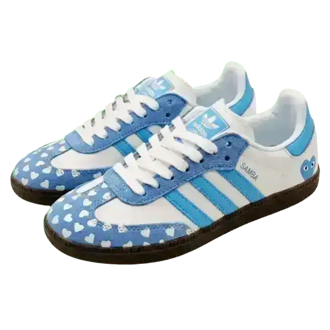 Detail view of the blue Adidas Samba Special Edition showing white stripes and heart pattern accents