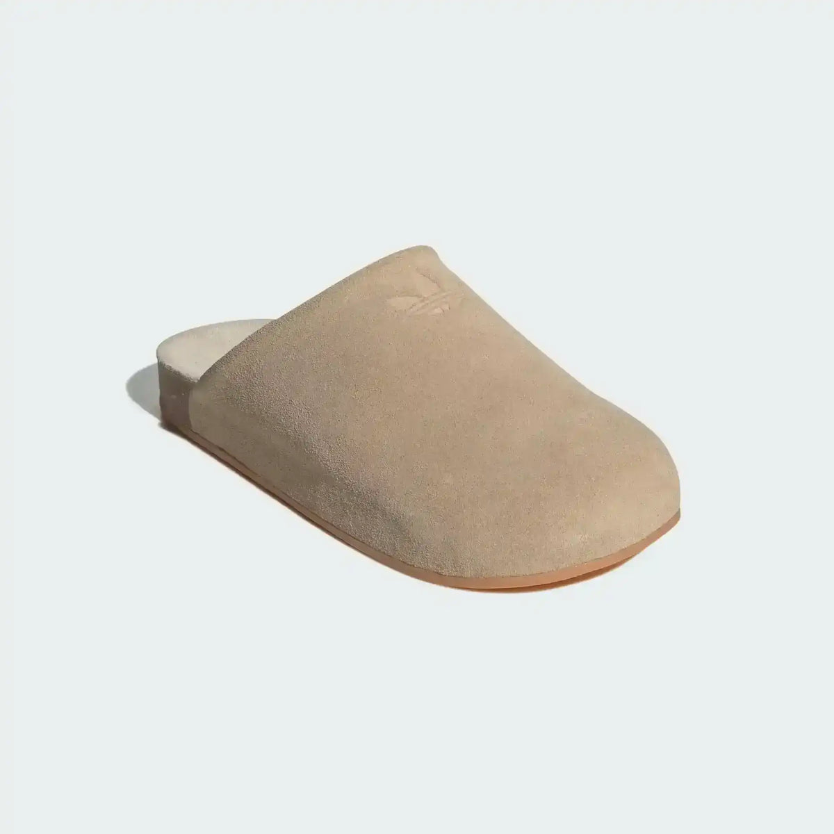 Adidas Adimule Slides in beige velvet featuring a closed-toe mule design and signature three stripes - side profile