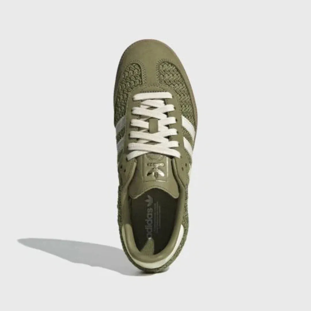 Olive green woven-texture sneaker, top view.