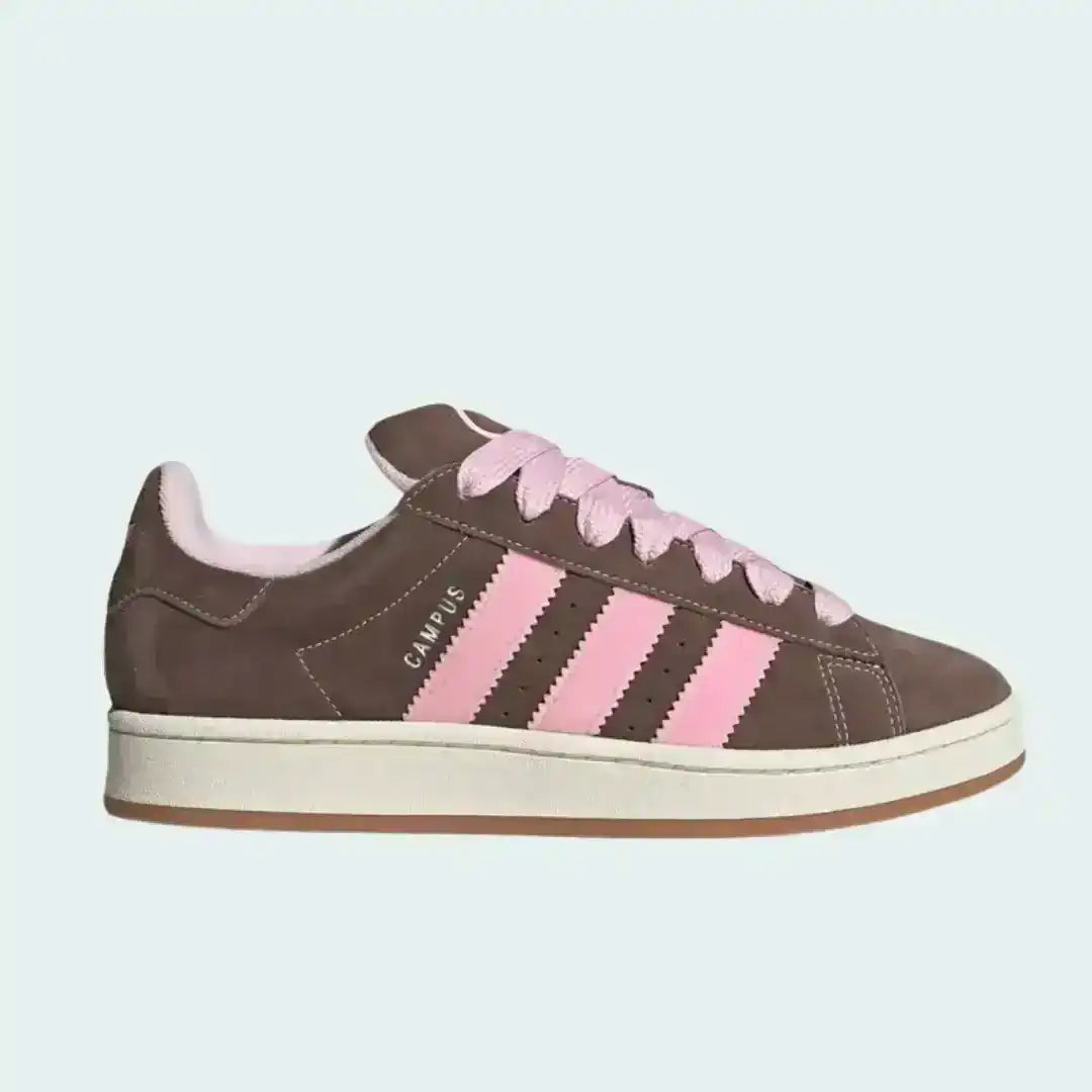 Close up of Adidas Campus 00s showing grey suede texture, oversized laces, and puffy tongue design