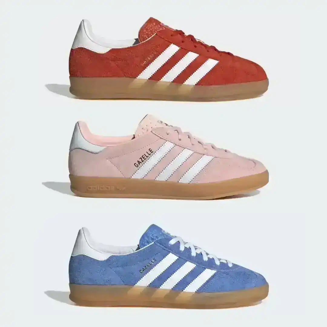 Styled Adidas Gazelle Pink sneakers with gum sole shown in a vibrant streetwear setting