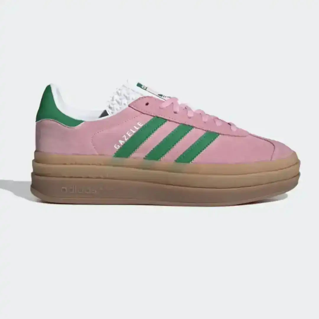 Side view of the Adidas Gazelle Bold women’s sneaker highlighting its low-top profile, platform construction, and iconic three-stripe branding.
