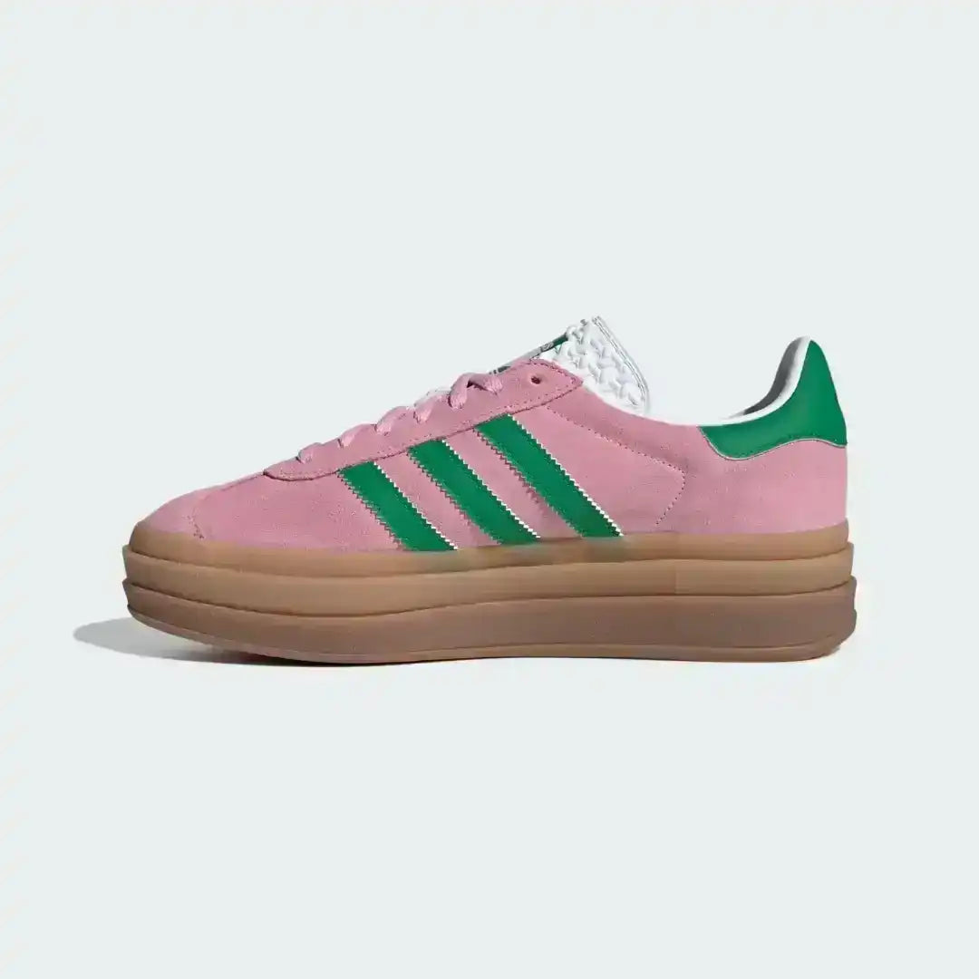 Adidas Gazelle Bold True Pink Sneakers. Pink upper with green accents.
