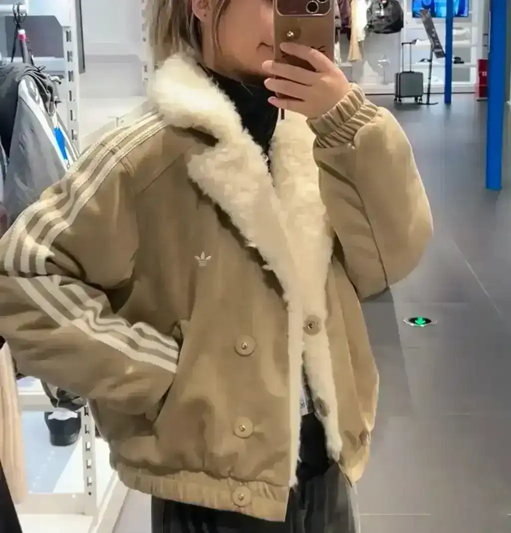 Adidas Originals sherpa jacket styled with casual denim outfit

