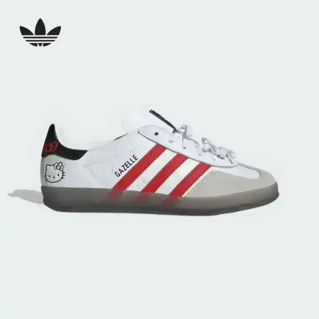 White low-top sneaker with red stripes and black illustrated details.