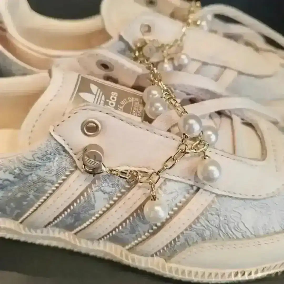 Adidas Samba OG reimagined with jacquard materials and dainty pearl chains, must-have accessories for the ultimate Pinterest fashion board.