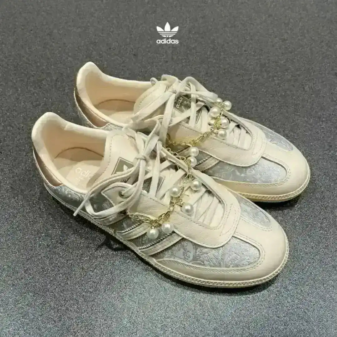 Adidas Samba with silver embroidery and cute pearl embellishments, essential item for a sophisticated sneakerhead.