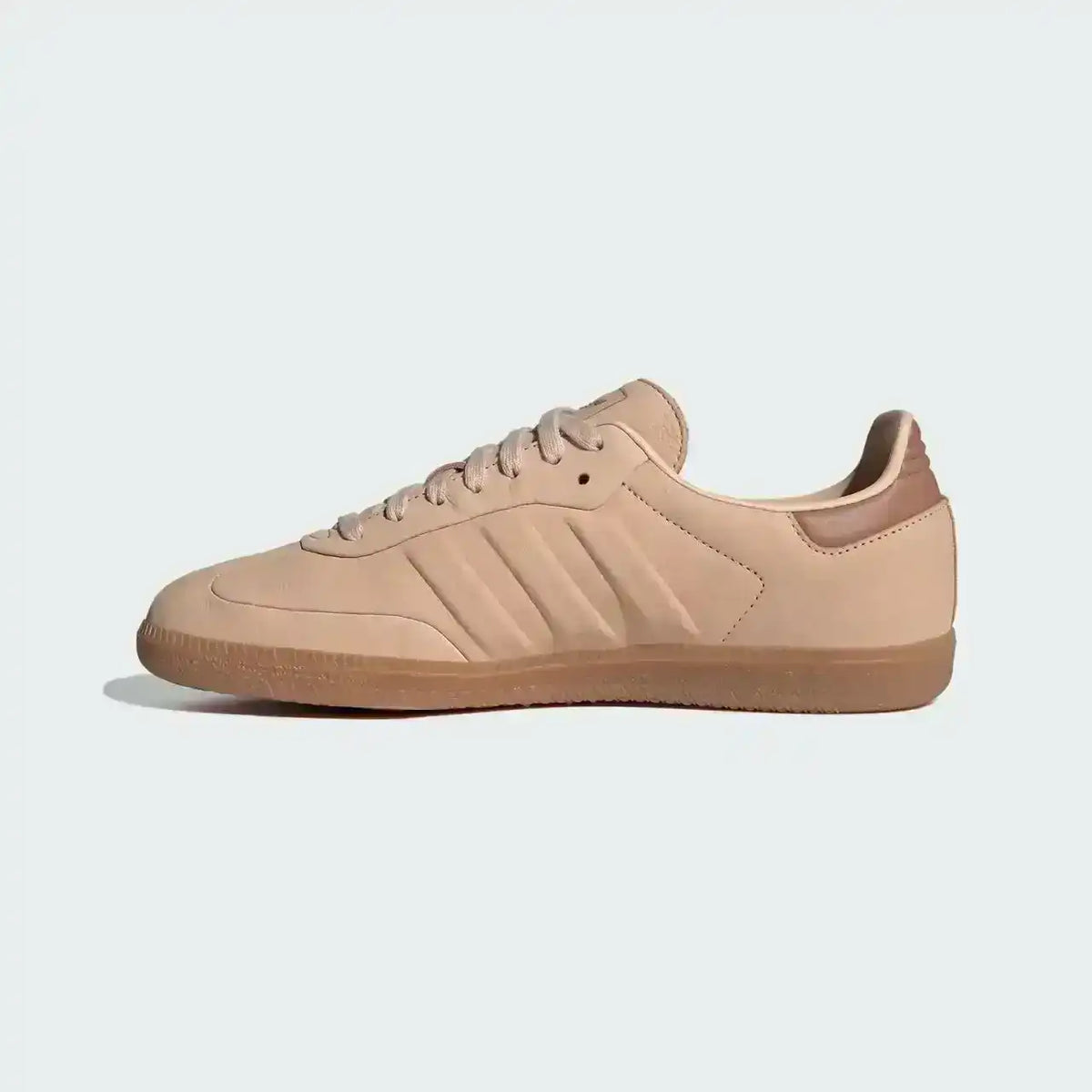 Adidas Samba Halo Blush Gum premium leather sneaker in soft pink-beige colorway, stylish minimal look with gum outsole detail.