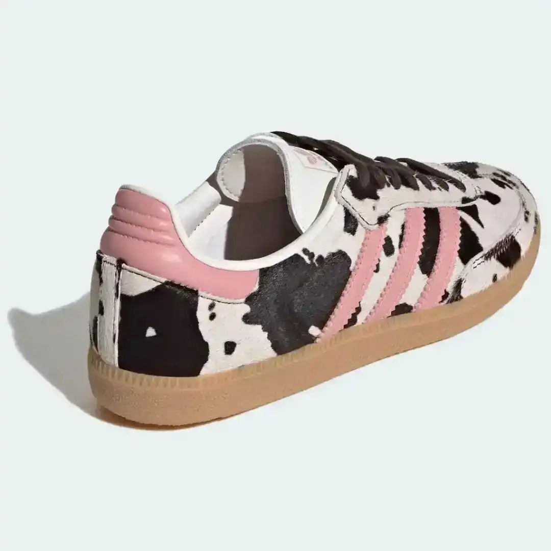 Adidas Samba OG Cow Print shoe combining heritage indoor soccer design with bold fashion-forward patterning for modern lifestyle wear.
