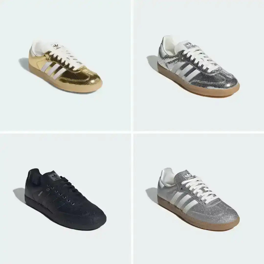 Low-top three-stripe sneakers with metallic-look panels, product views.