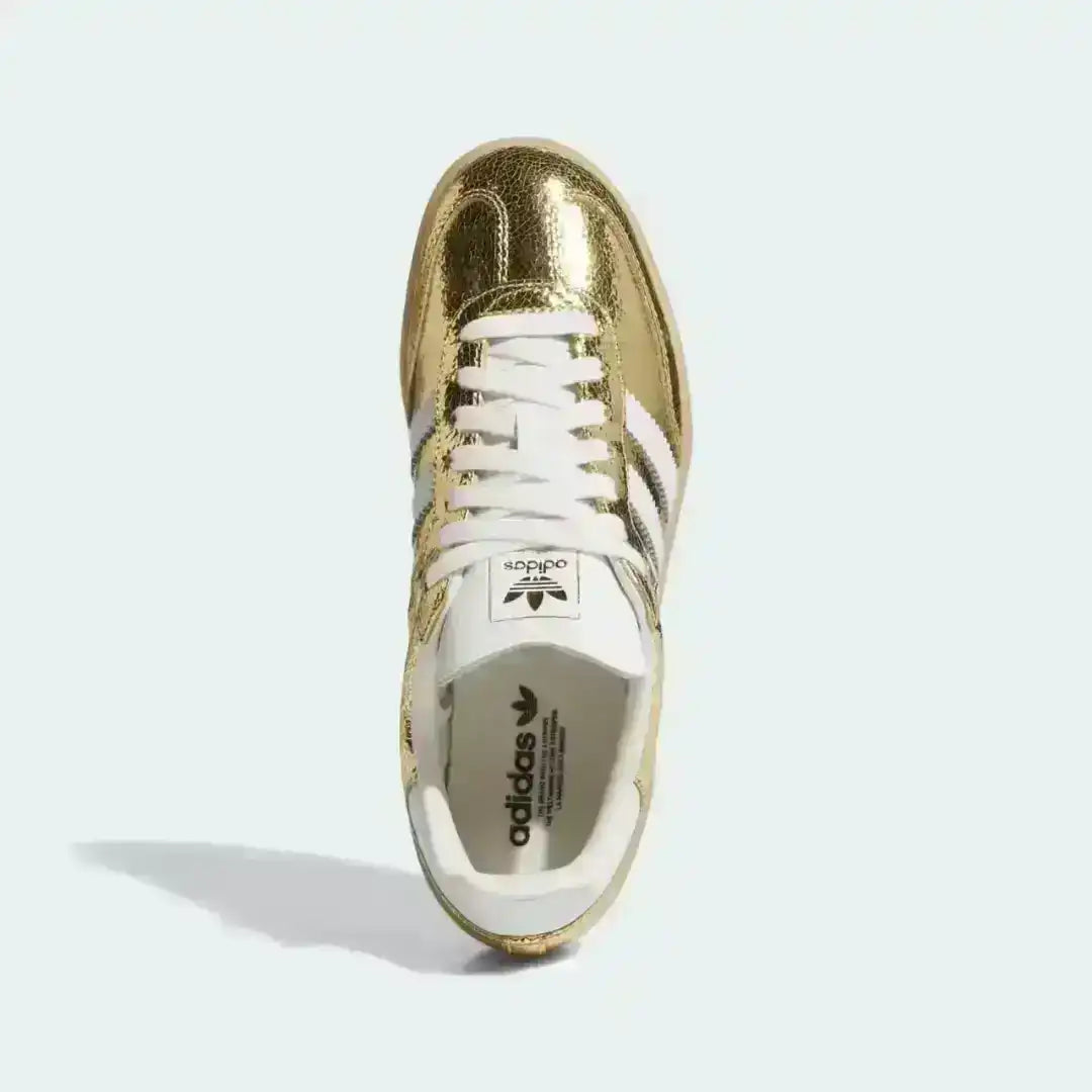 Low-top three-stripe sneakers with metallic-look panels, product views.