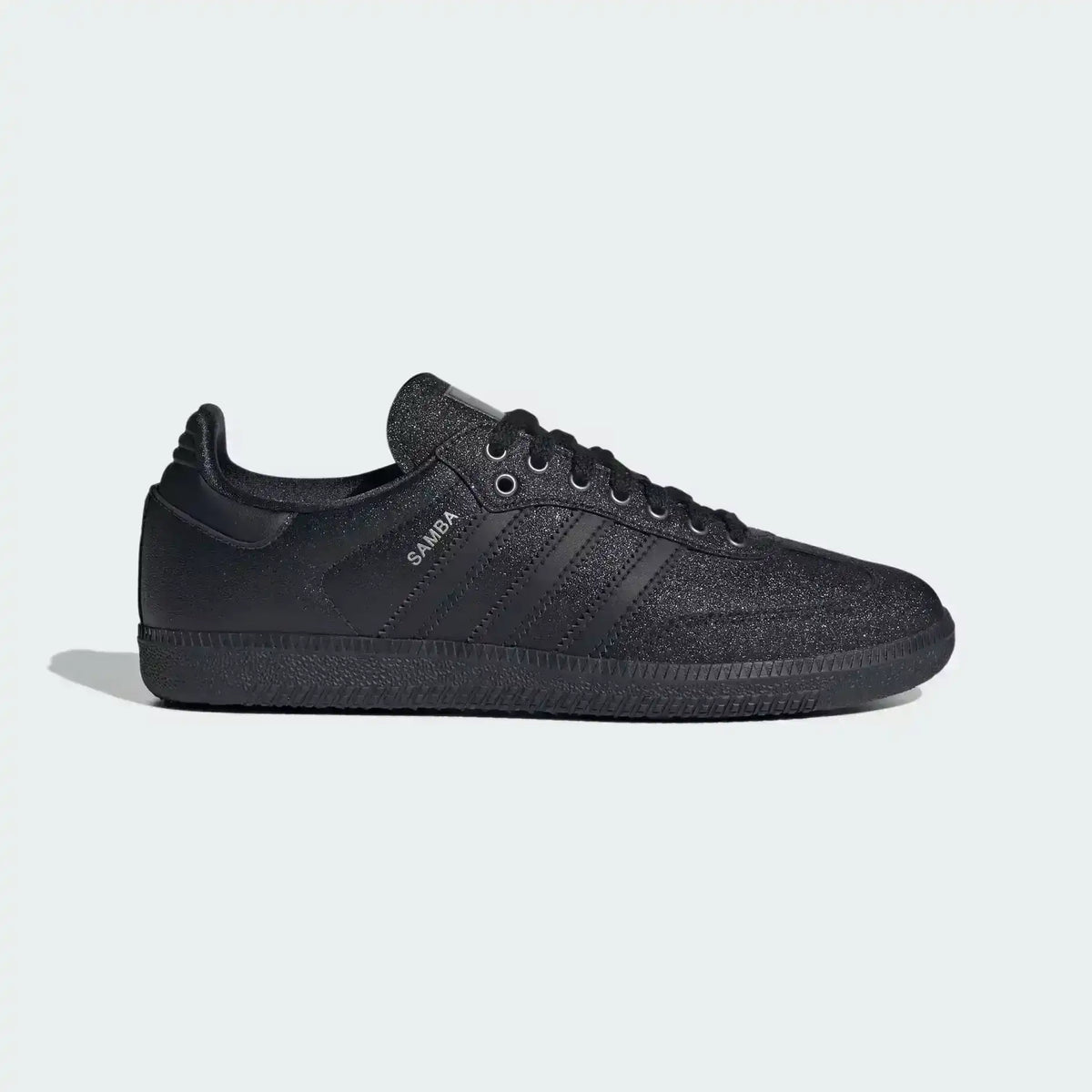 Low-top three-stripe sneakers with metallic-look panels, product views.