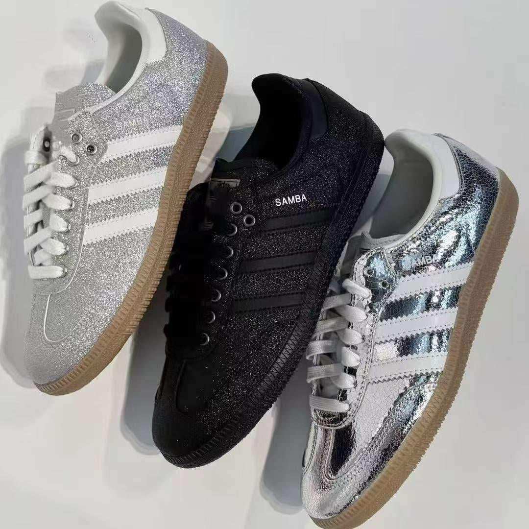 Low-top three-stripe sneakers with metallic-look panels, product views.