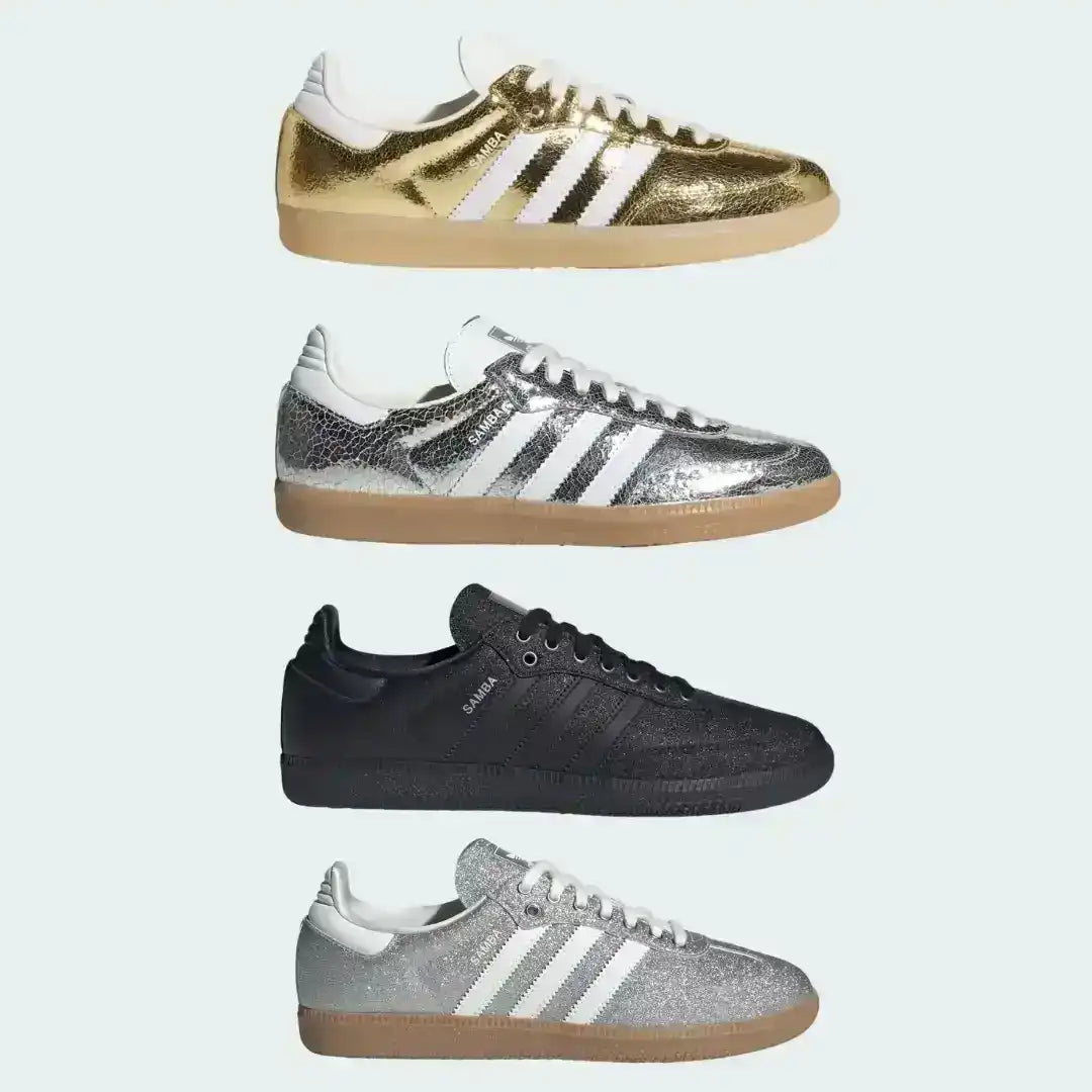 Angled view of the Adidas Samba OG Metallic 2026 edition highlighting the reflective chrome upper and vintage aesthetic