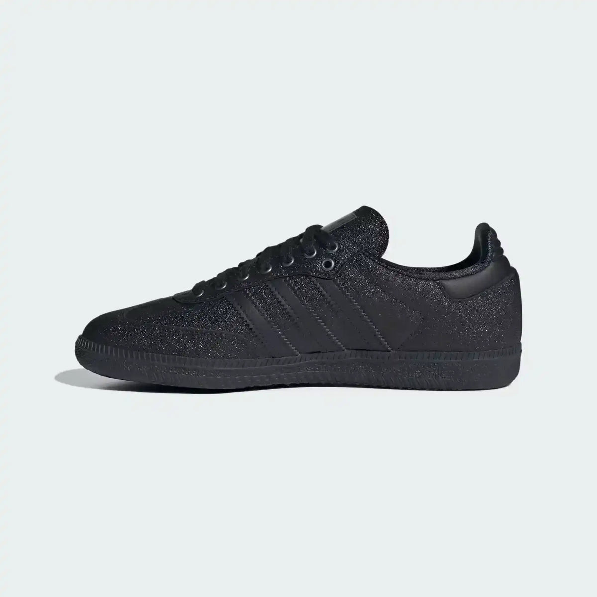 Low-top three-stripe sneakers with metallic-look panels, product views.