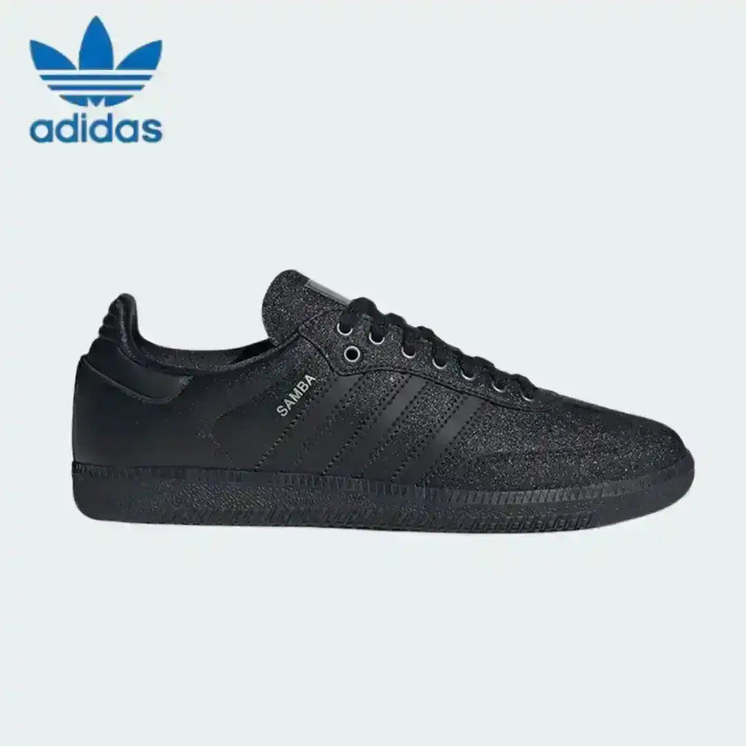 Textured all-black Adidas Samba kicks with a distinct non-shiny suede material, a must-have sneaker for those who love unique textiles.