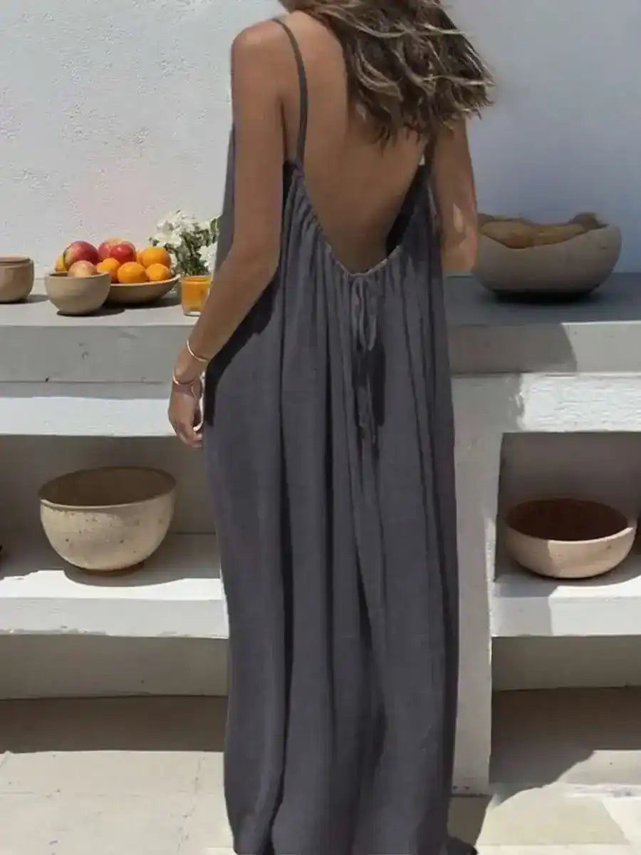 Loose full-length sleeveless outfit with thin straps, front and back views.