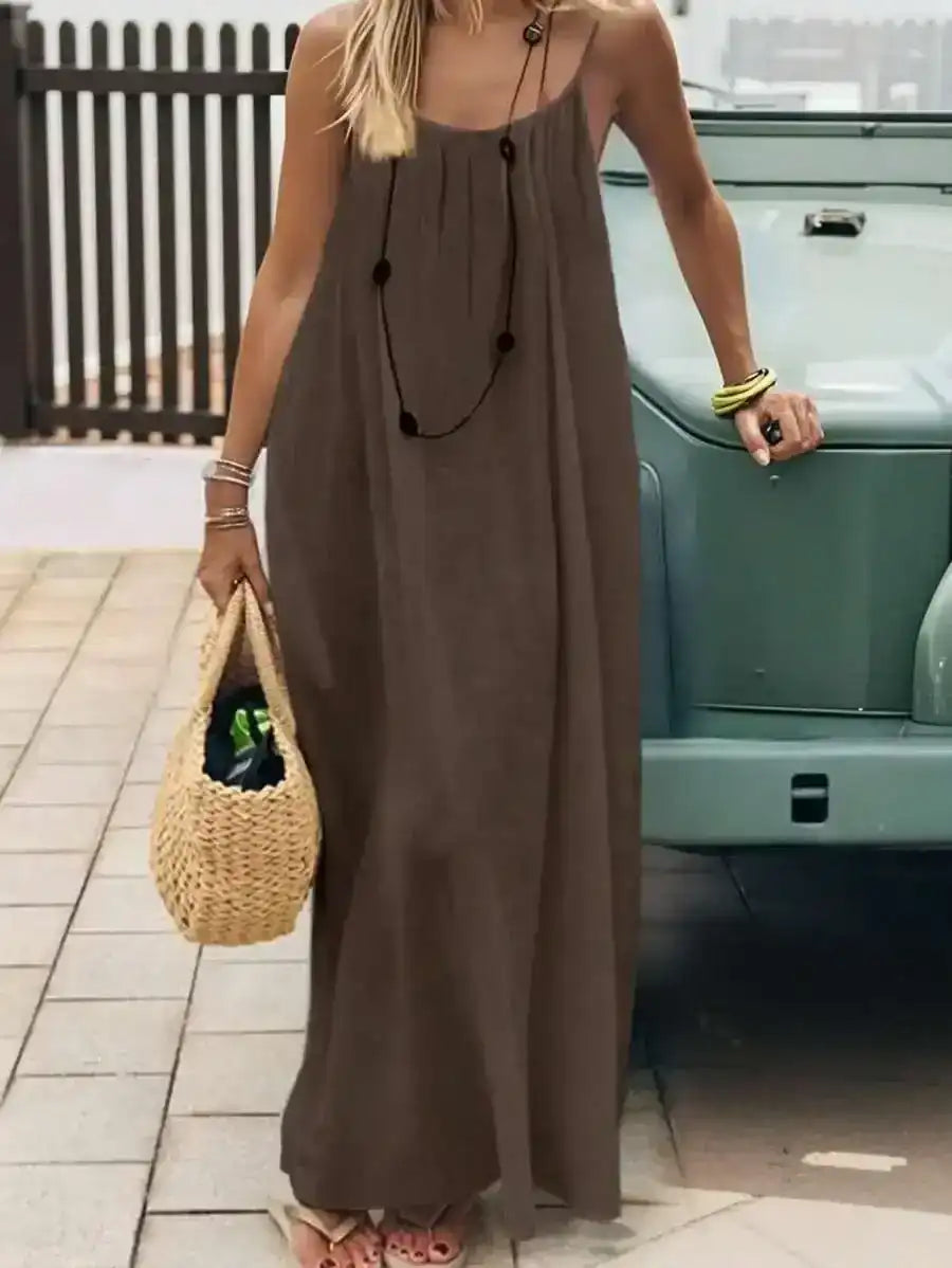 Loose full-length sleeveless outfit with thin straps, front and back views.