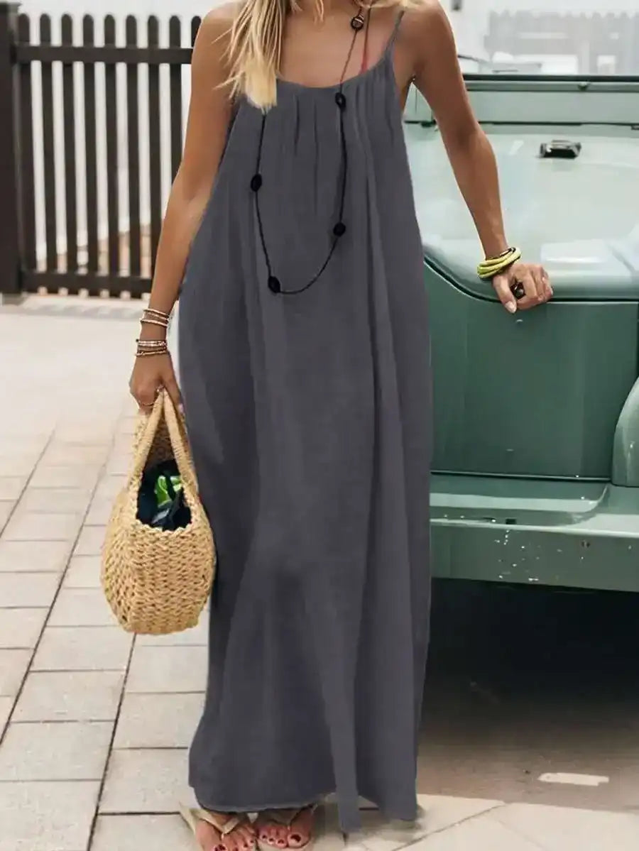 Loose full-length sleeveless outfit with thin straps, front and back views.
