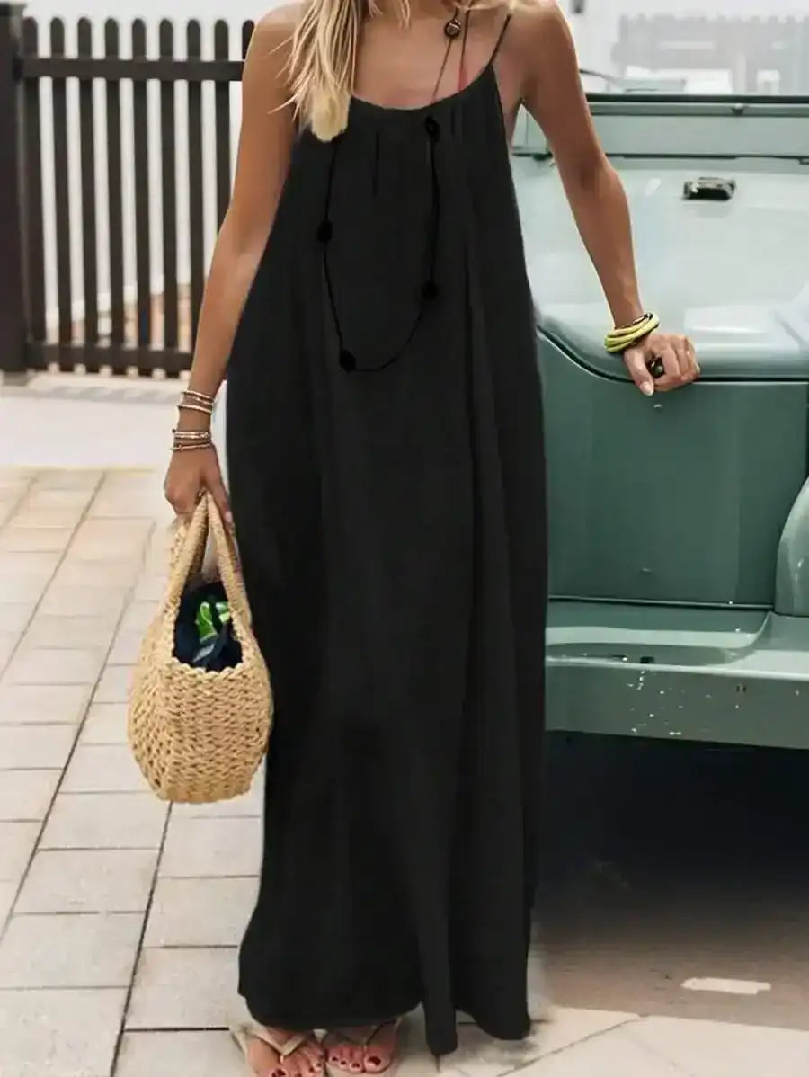 Loose full-length sleeveless outfit with thin straps, front and back views.