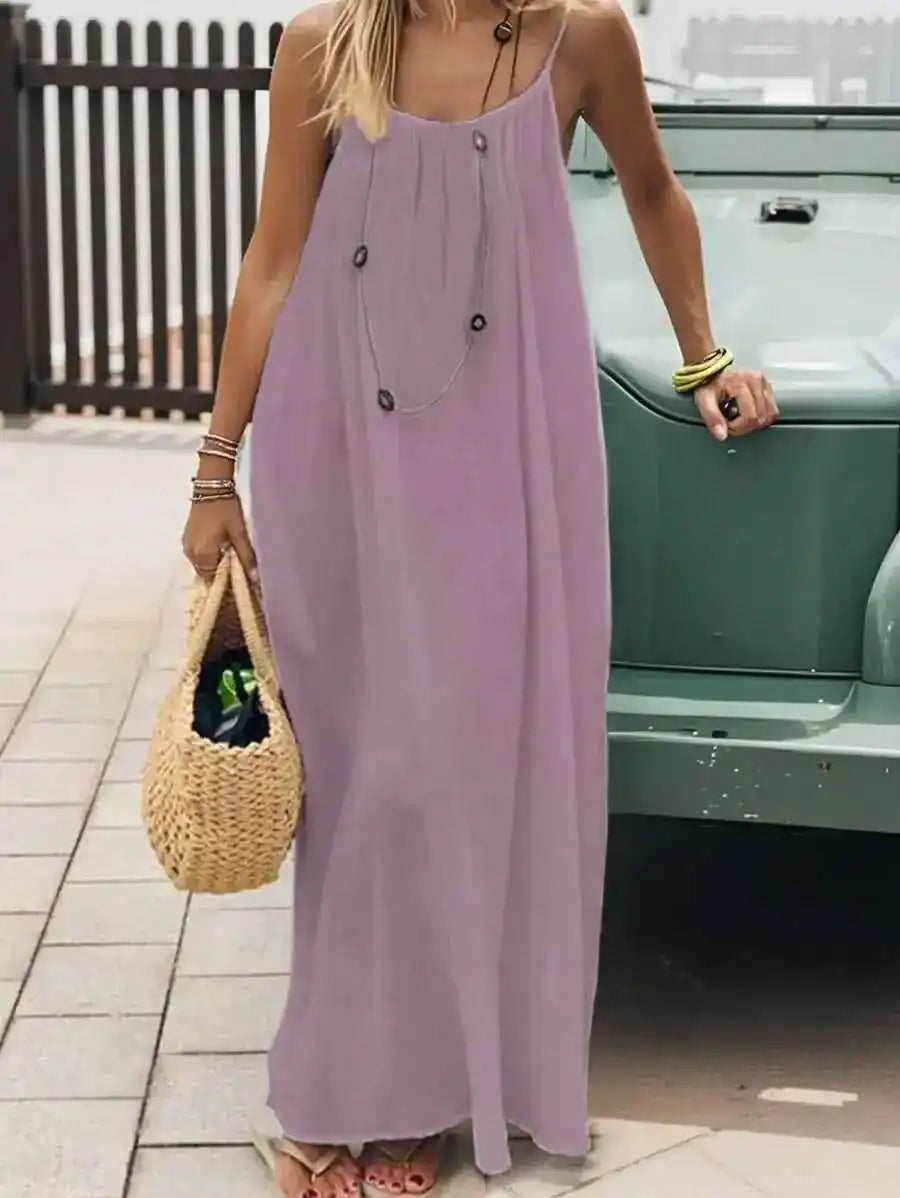 Loose full-length sleeveless outfit with thin straps, front and back views.