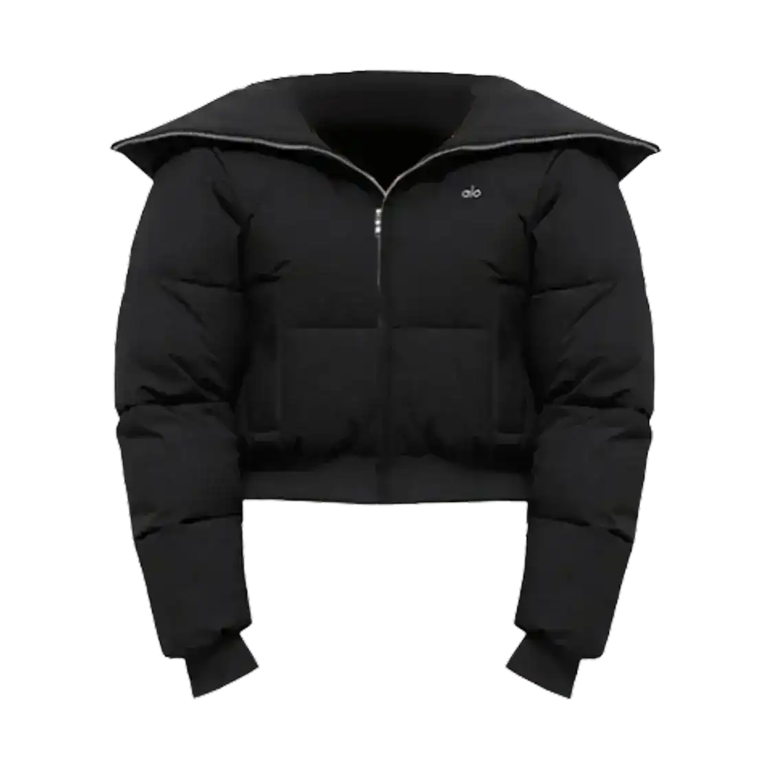 Cropped padded jacket with a wide collar, product and styling views.