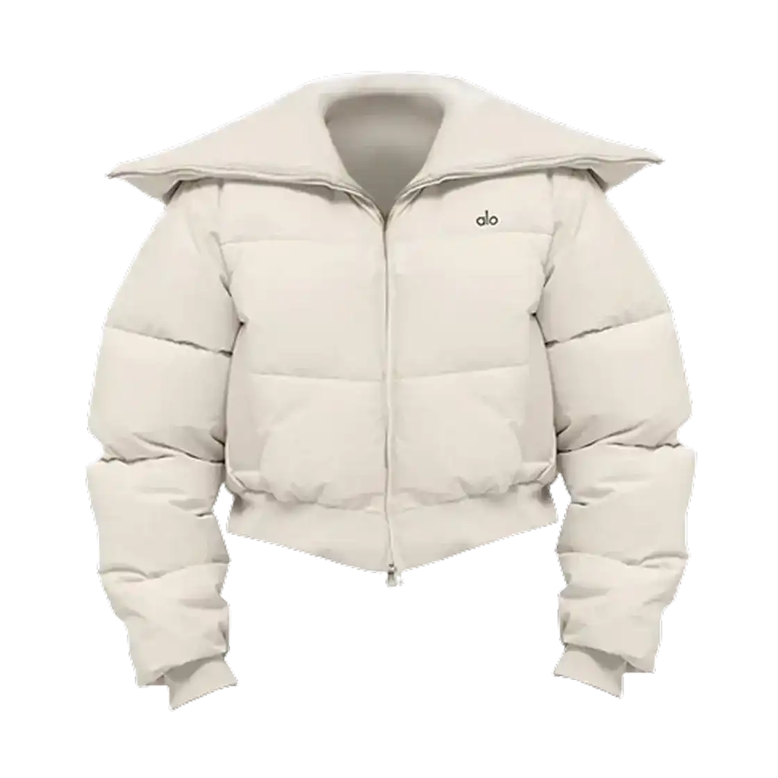 Cropped padded jacket with a wide collar, product and styling views.