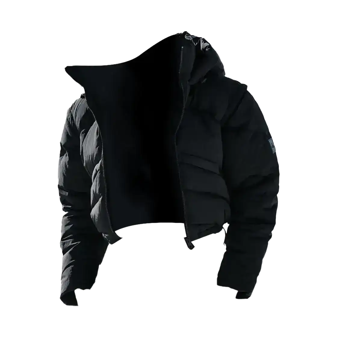 Cropped padded jacket with a wide collar, product and styling views.