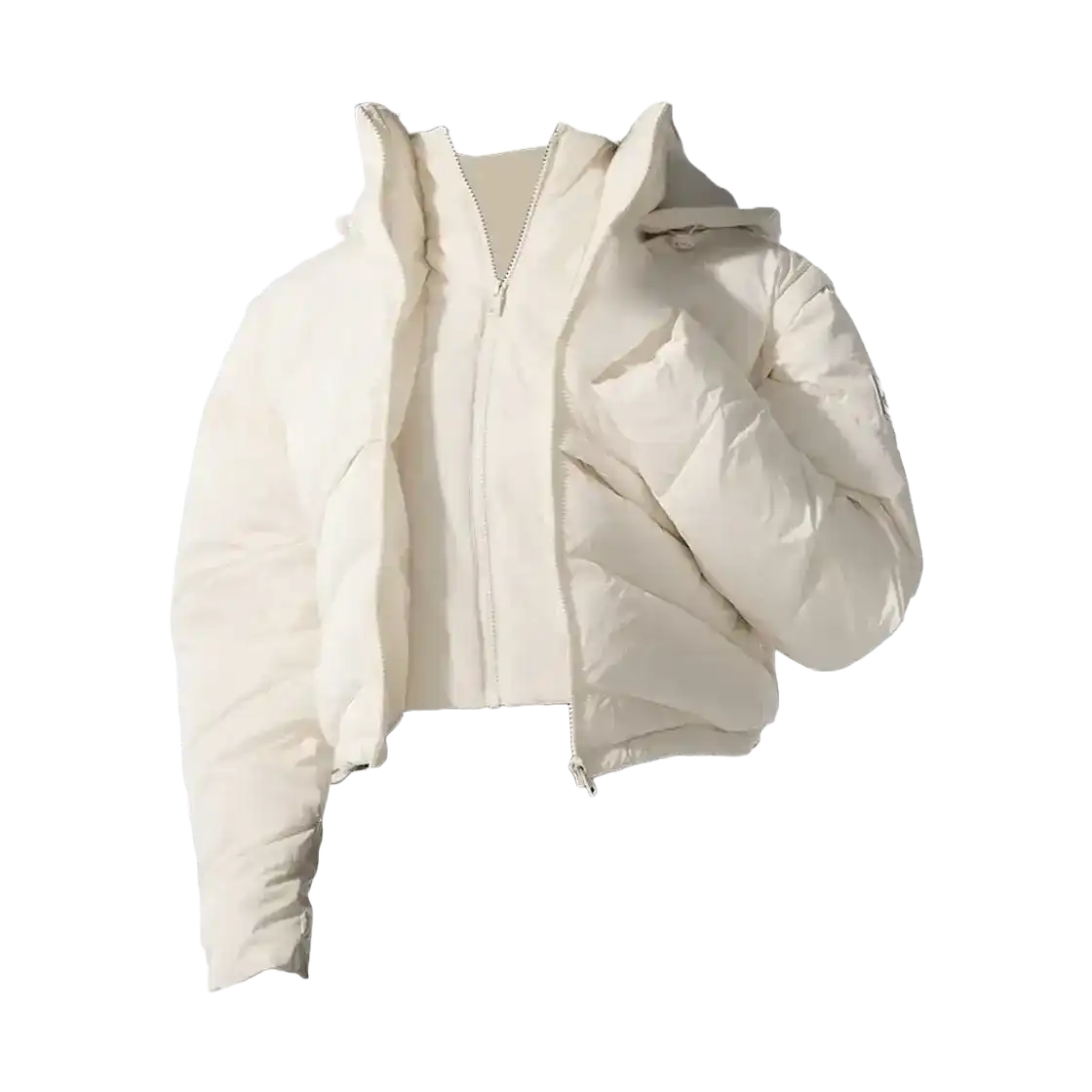 Cropped padded jacket with a wide collar, product and styling views.