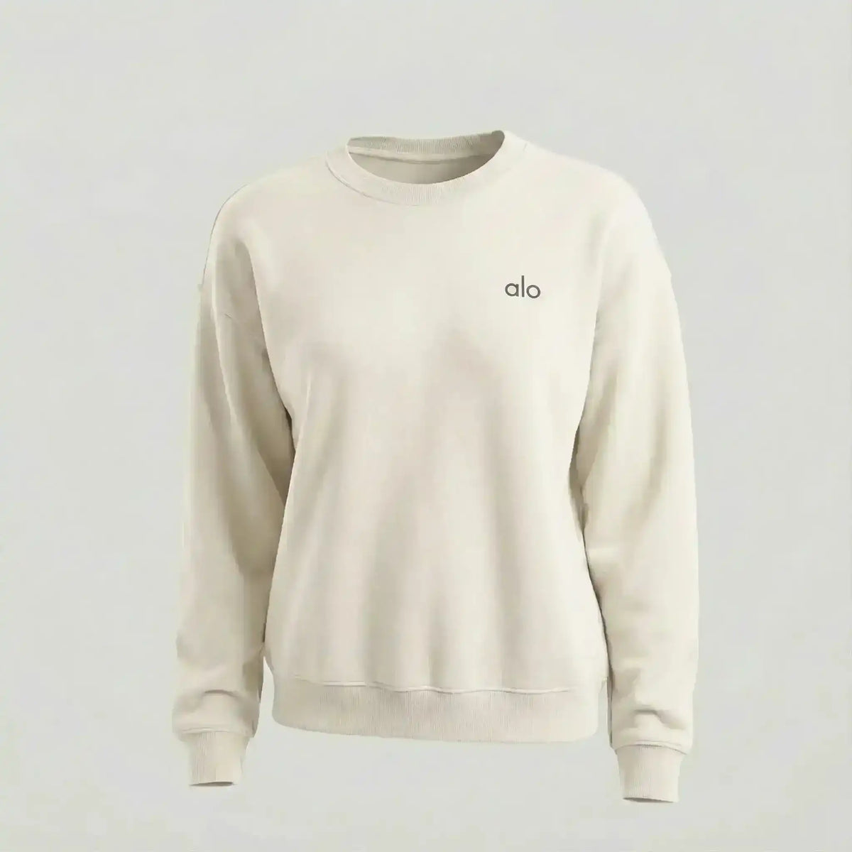 Crew-neck sweatshirt with small chest logo, product and model views.