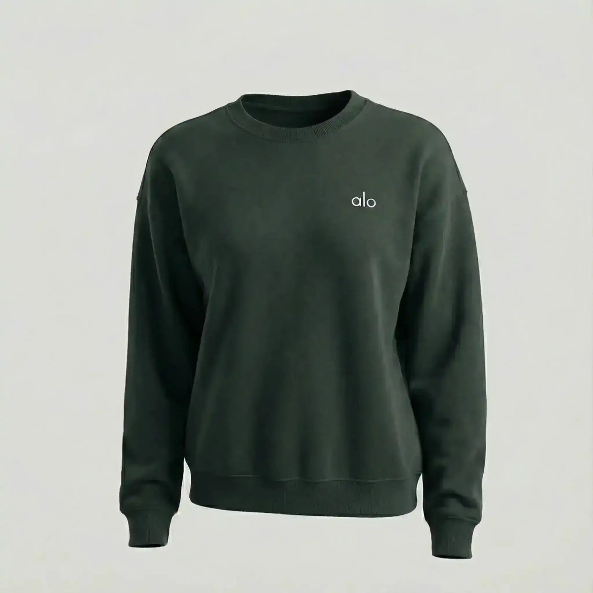 Crew-neck sweatshirt with small chest logo, product and model views.