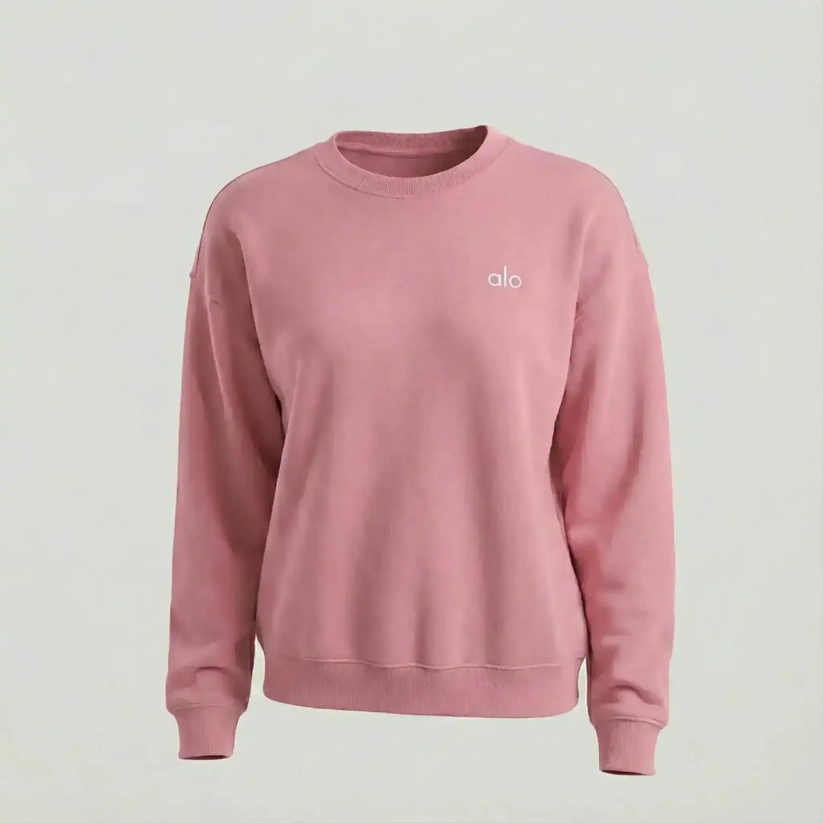 Crew-neck sweatshirt with small chest logo, product and model views.