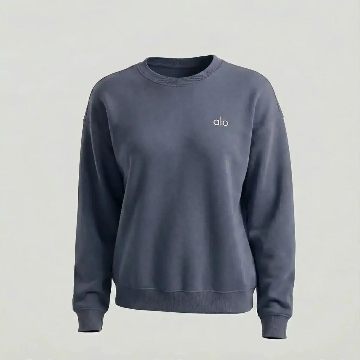 Crew-neck sweatshirt with small chest logo, product and model views.