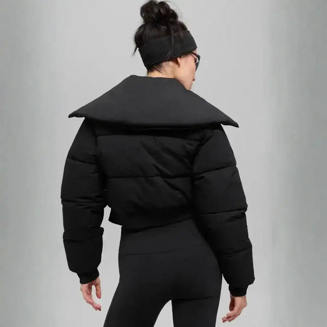 Cropped padded jacket with a wide collar, product and styling views.