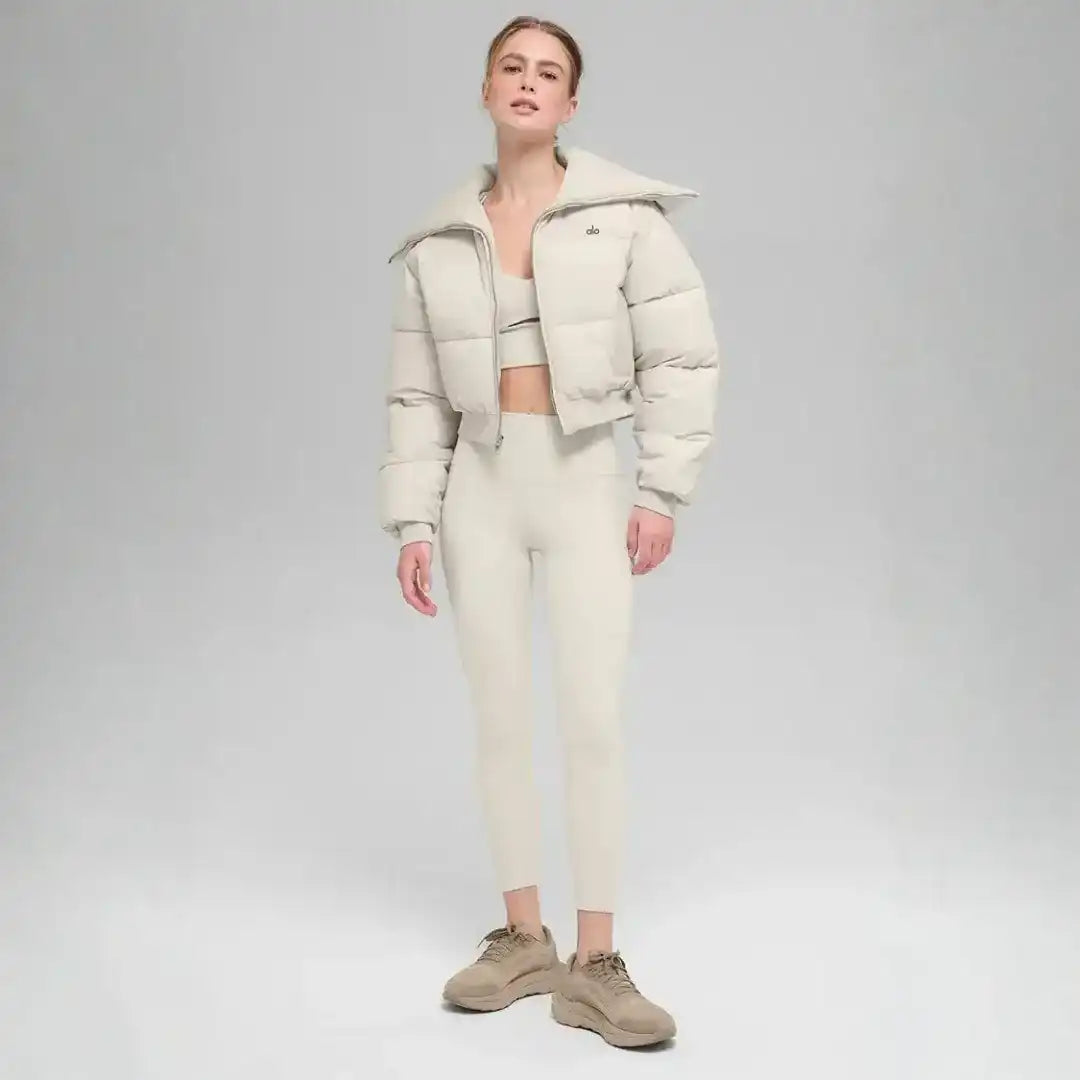 Cropped padded jacket with a wide collar, product and styling views.